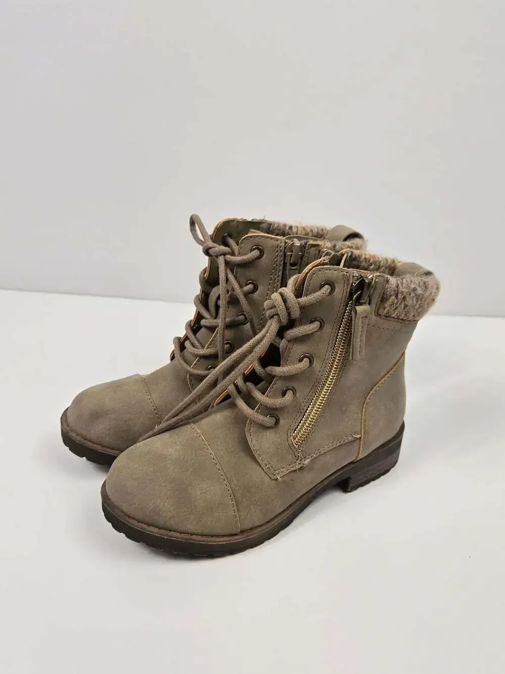 Joe Fresh Girls Size 11 Taupe Lace Up Ankle Boots Knit Trim Side Zip